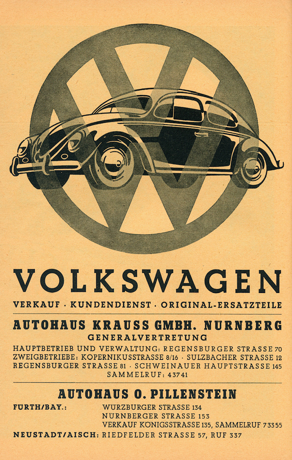 Vintage 1955 Volkswagen advertisement featuring Beetle illustrations and a list of London VW agents