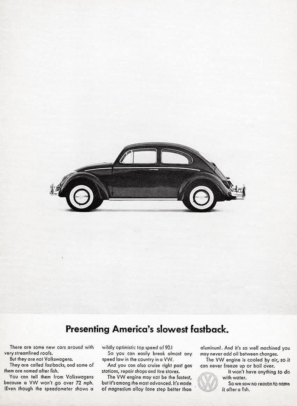 Vintage Volkswagen Beetle ad with side-view photo and humorous headline Presenting Americas slowest fastback