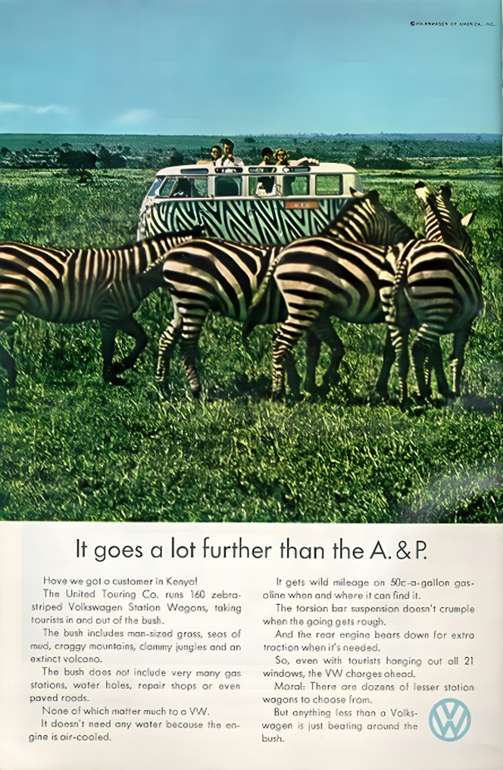 Vintage VW Station Wagon safari advertisement with a zebra-striped bus parked near zebras in the grasslands