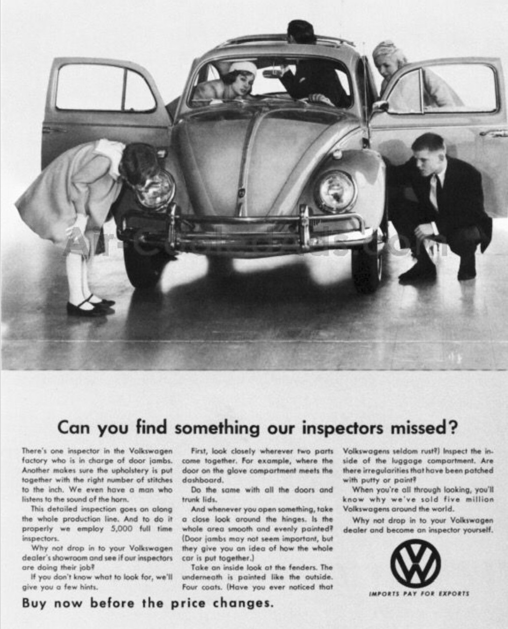 Vintage Volkswagen Beetle advertisement showing people inspecting the car for quality and craftsmanship