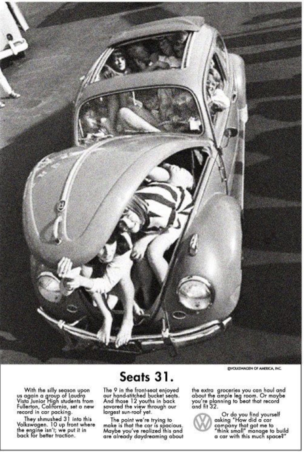 Vintage Volkswagen Beetle advertisement showing students packed into the car to demonstrate interior space