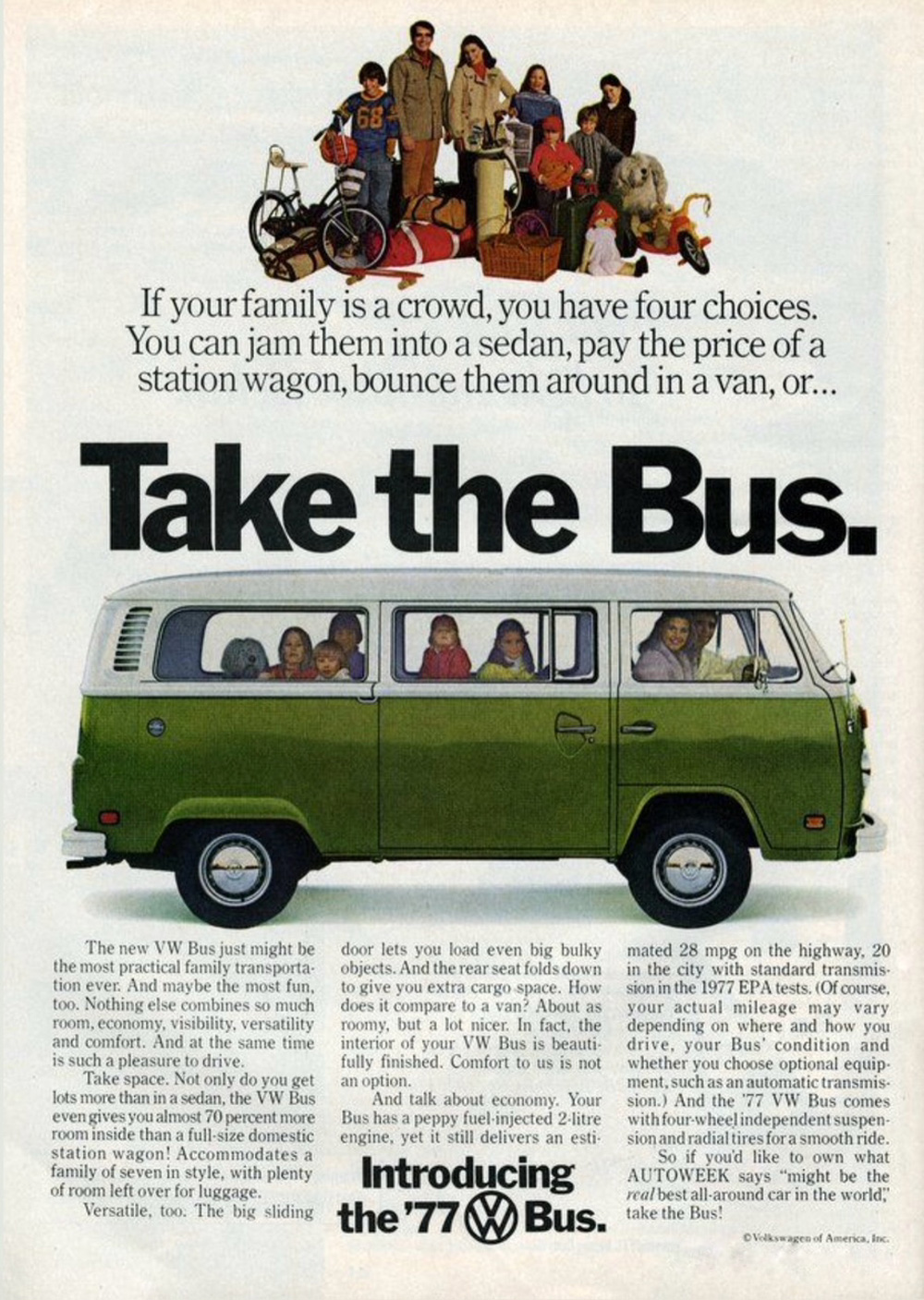 Vintage 1977 Volkswagen Bus advertisement showing families and luggage to highlight space and practicality