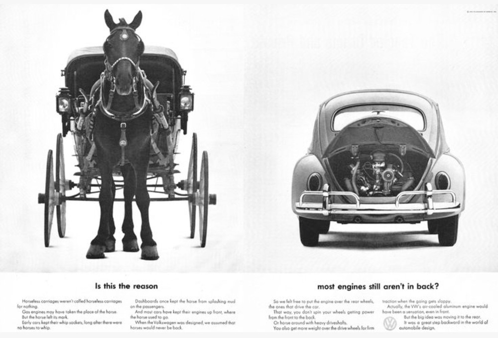 Vintage Volkswagen Beetle advertisement comparing rear engine design with a horse-drawn carriage