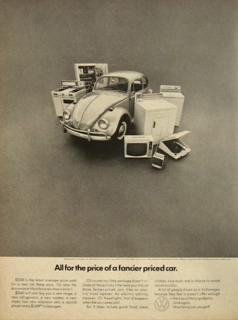 Vintage Volkswagen Beetle advertisement comparing car value with household appliances to show affordability