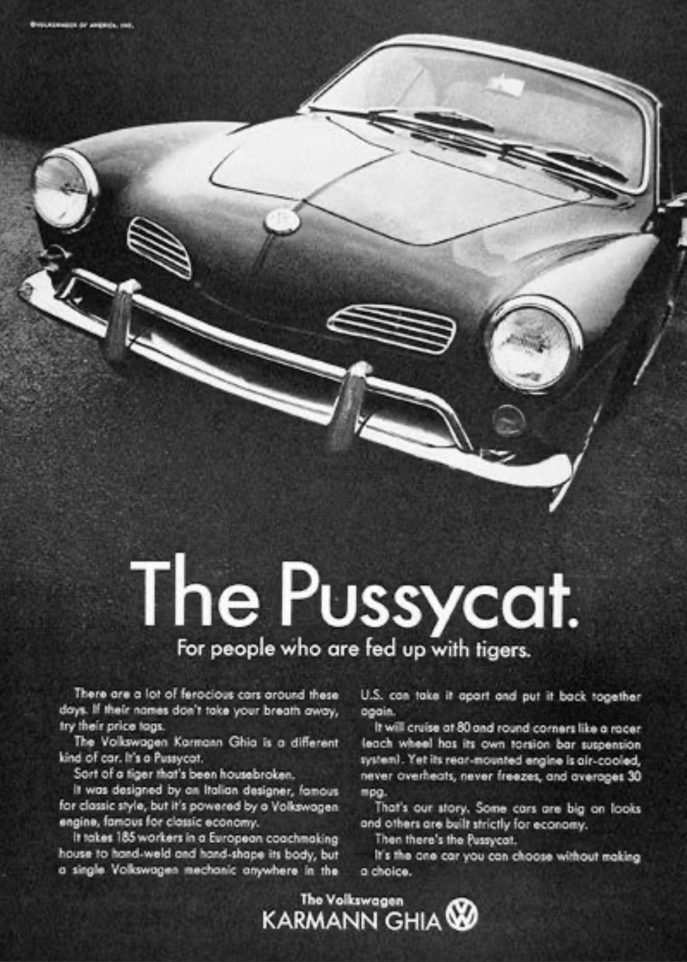 Vintage Volkswagen Karmann Ghia advertisement highlighting style, hand-built body and practical VW engineering