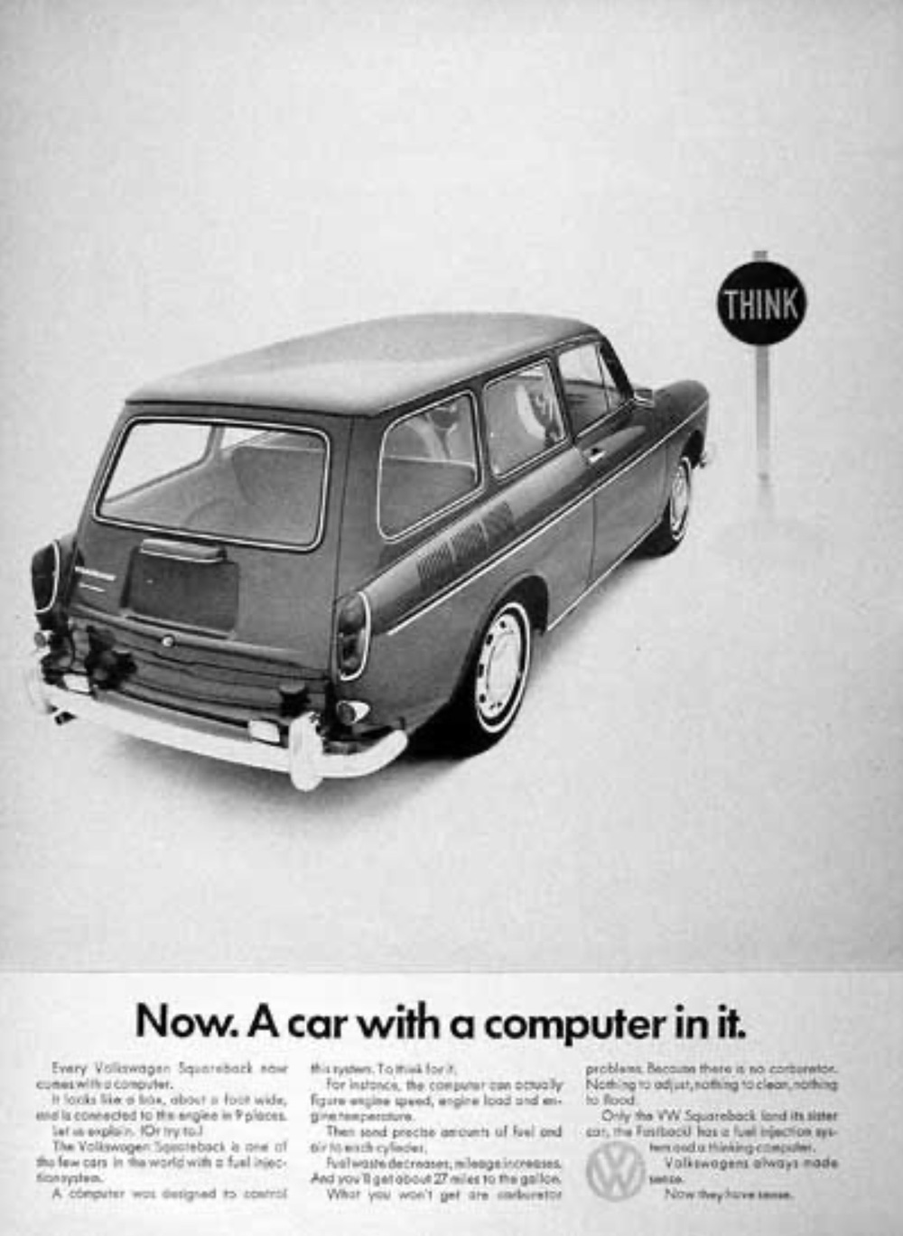 Vintage Volkswagen Squareback advertisement highlighting early fuel injection and engine-management computer