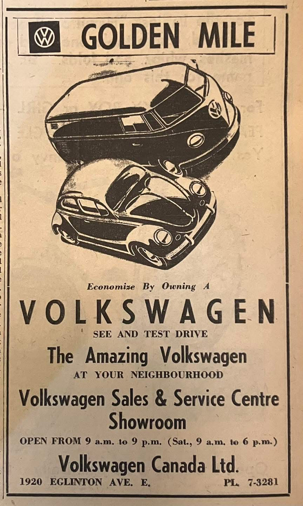 Vintage Volkswagen Canada advertisement featuring Beetle and Bus promoting economy and local showroom availability