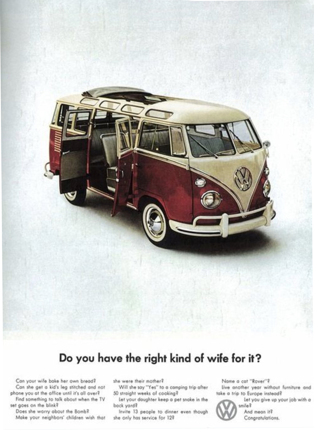 Vintage Volkswagen Bus advertisement using humorous questions to highlight family lifestyle and versatility