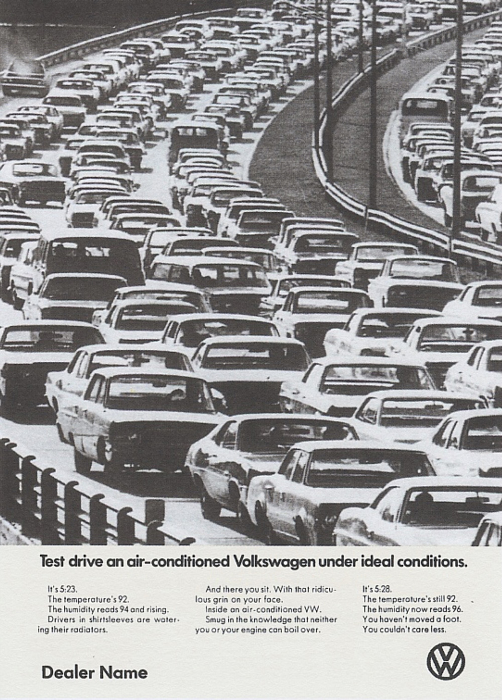 Vintage Volkswagen advertisement showing traffic jam to promote comfort and reliability of air-conditioned VW