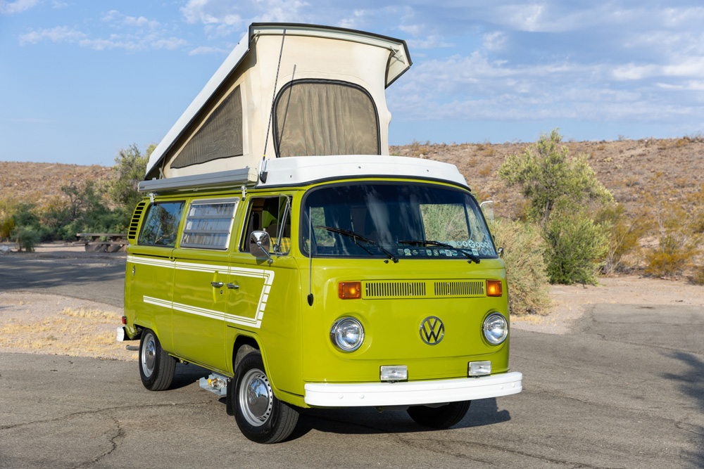 Classic 1977 Sage Green VW Westfalia Bus exterior profile