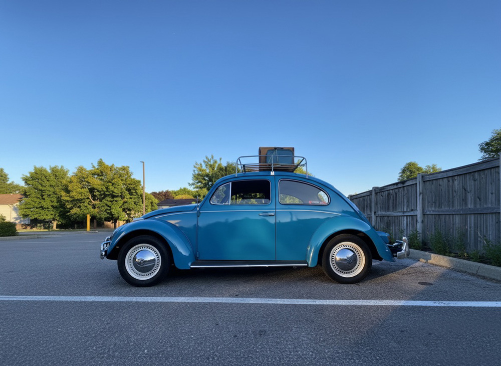 Blue Volkswagen Beetle parked in lot with suitcase on roof rack and chrome trim shining