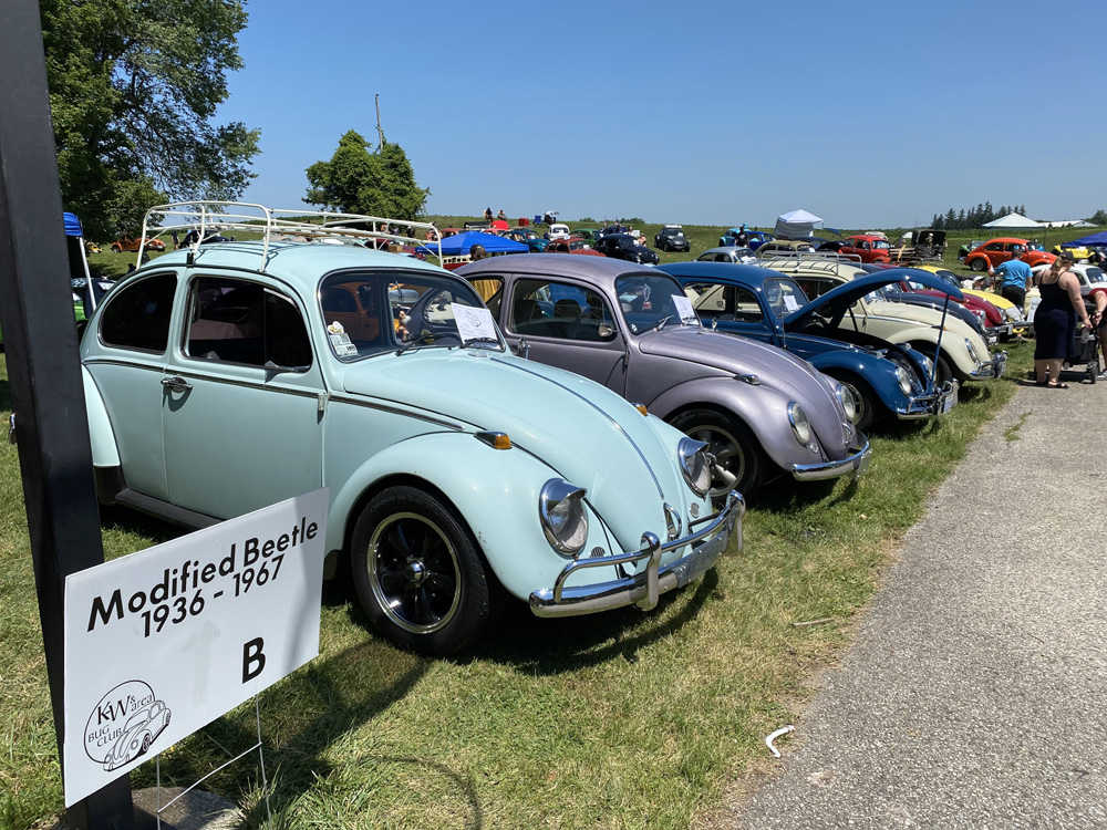 Lineup of modified Volkswagen Beetles at Bug Out 44 with class sign in foreground