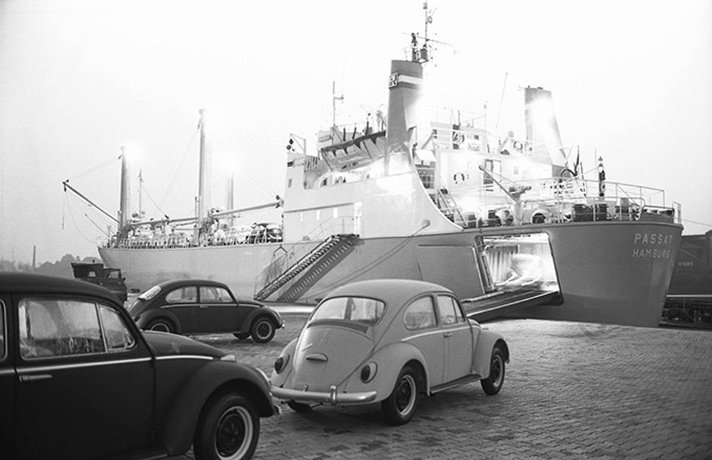 New Volkswagens loaded onto the Hamburg-registered PASSAT car carrier in 1966 with hubcaps and mirrors stowed inside for export