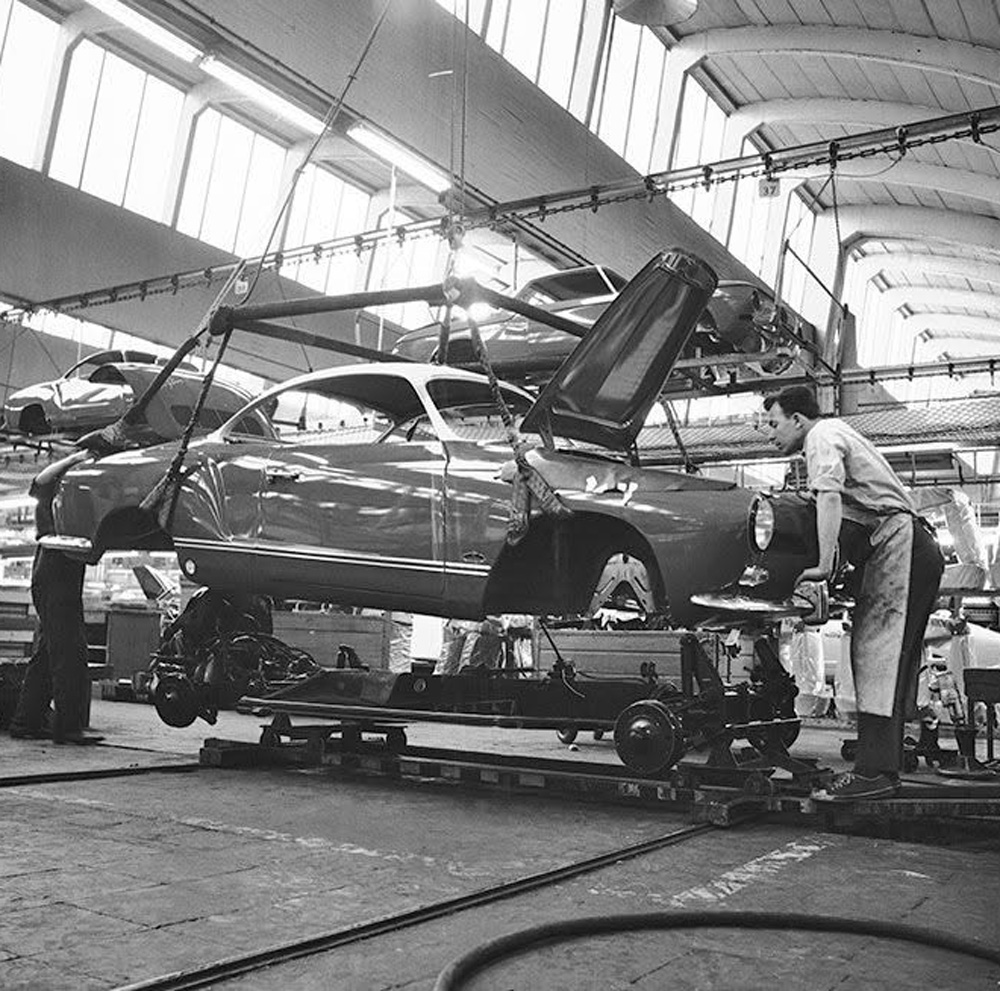 Karmann Ghia assembly at Volkswagen with bodies lowered onto chassis for production of the design classic built until 1974