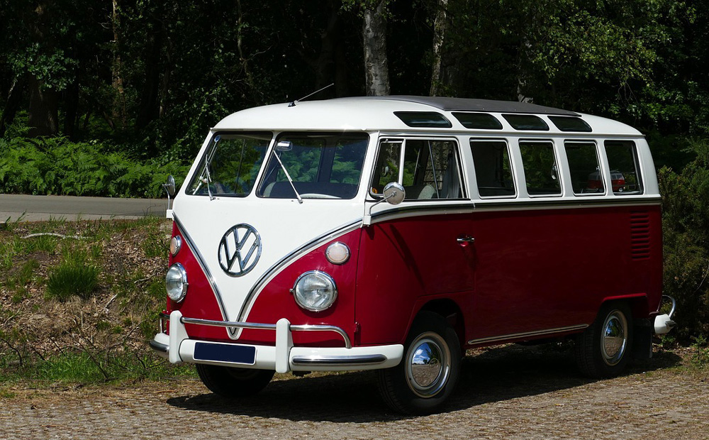 21 Window VW Bus parked in front of some mountians