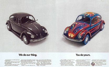 Gallery of vintage Volkswagen print advertisements and dealer brochures for the air-cooled Beetle, Bus, Type 3, Karmann Ghia, and Thing.