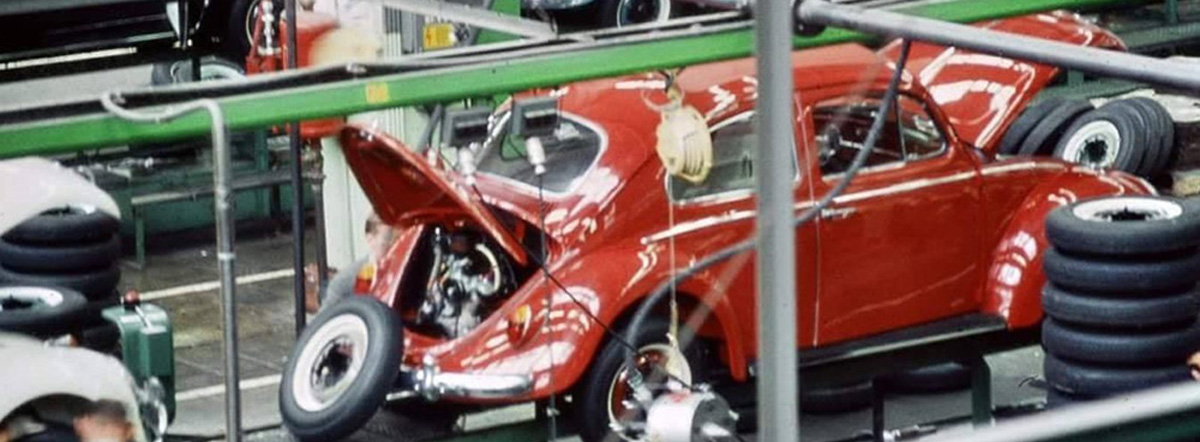 Rare archival Volkswagen factory photos showing the production and assembly of the vintage VW Beetle, Bus, Type 3, Karmann Ghia, and Thing.